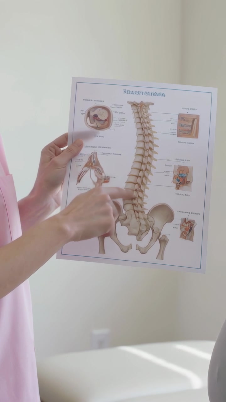 Vertical video: During consultation clinician in pink top pointing down spine on chart in exam room