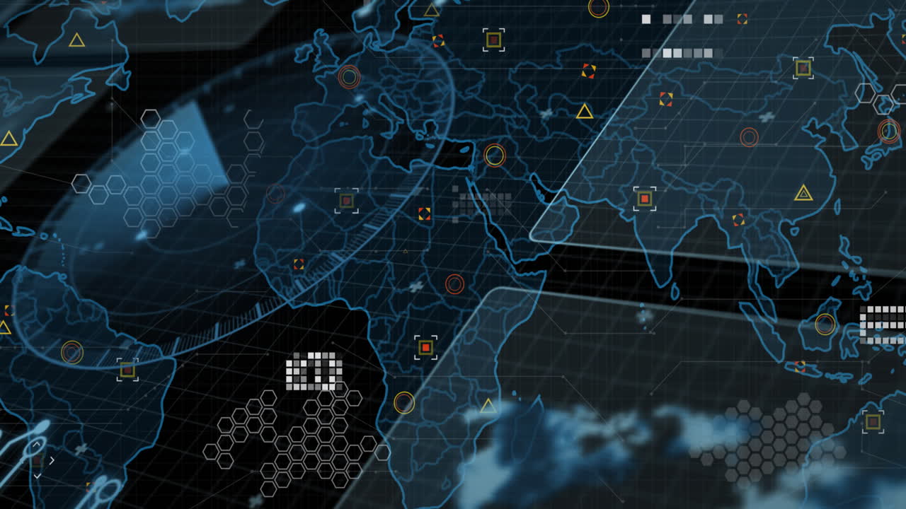 검은 바탕 위의 데이터 처리 및 세계 지도의 애니메이션