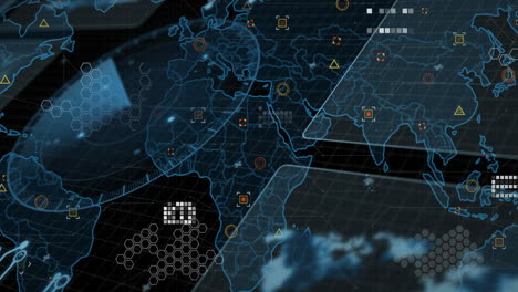 animación del procesamiento de datos y el mapa del mundo sobre fondo negro