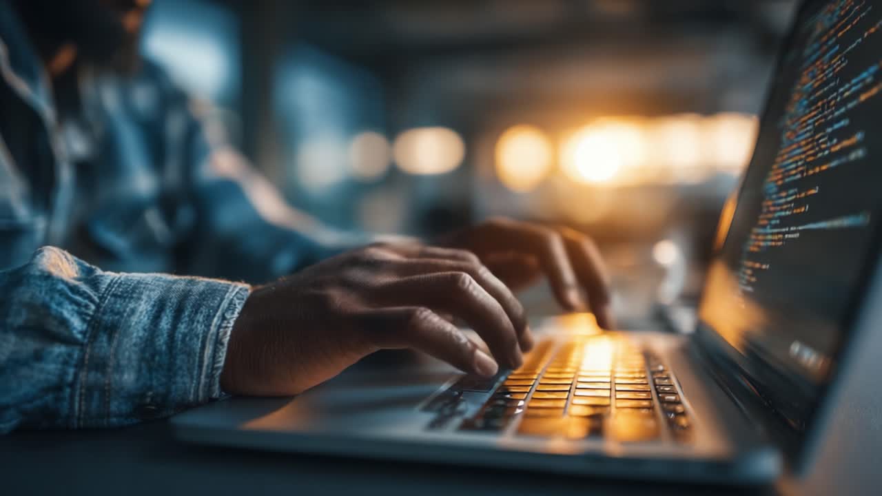A close-up view of hands typing on a laptop keyboard, showcasing a focused individual engaged in coding, with warm sunlight enhancing the atmosphere of productivity and creativity