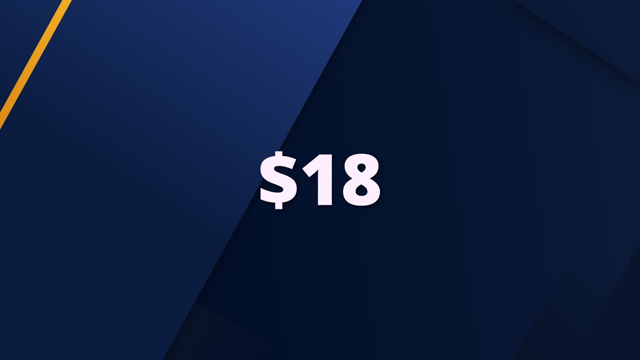 A modern and clean animated graphic showing a price tag of $18. Ideal for use in e-commerce, digital ads, promotions, and product highlight videos