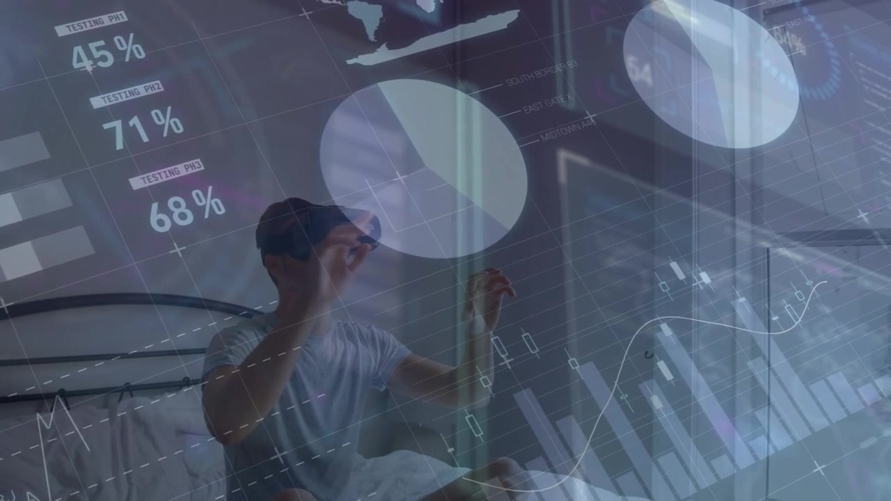 Animation of data processing over caucasian man using vr headset