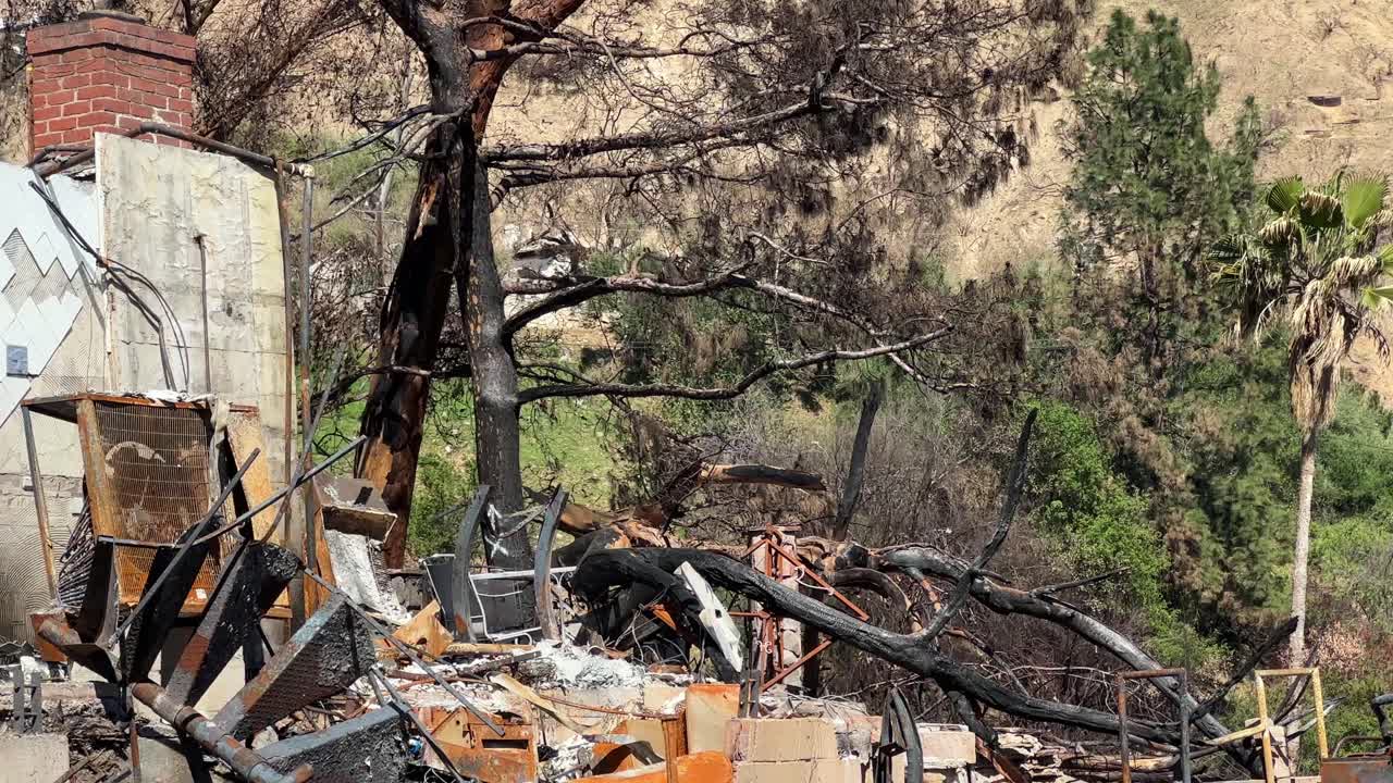 Handheld long lens panning shot of the Eaton Fire burn scar on the mountains above Altadena, California. 4K