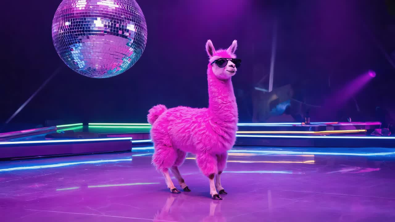 A pink llama with sunglasses on a stage with a disco ball