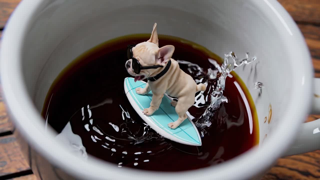 Cute Miniature French Bulldog Surfs a Coffee Cup