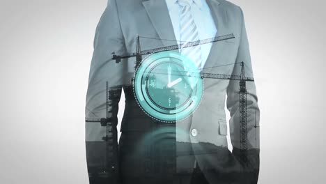 animação de relógio de néon sobre a seção média de um empresário tocando uma tela futurista