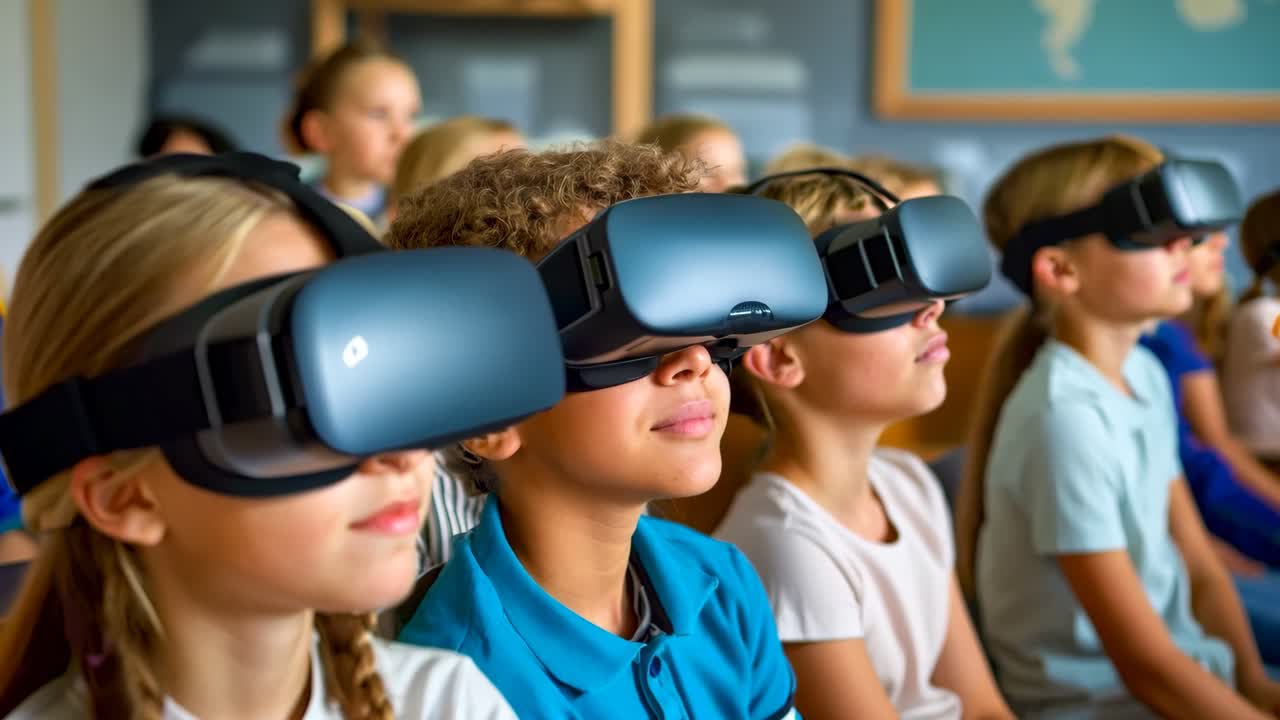 un grupo de niños con auriculares de realidad virtual en un aula
