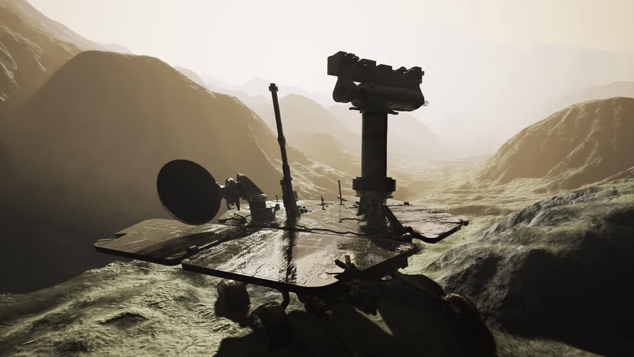 Mars opportunity rover exploring the martian terrain during sunset