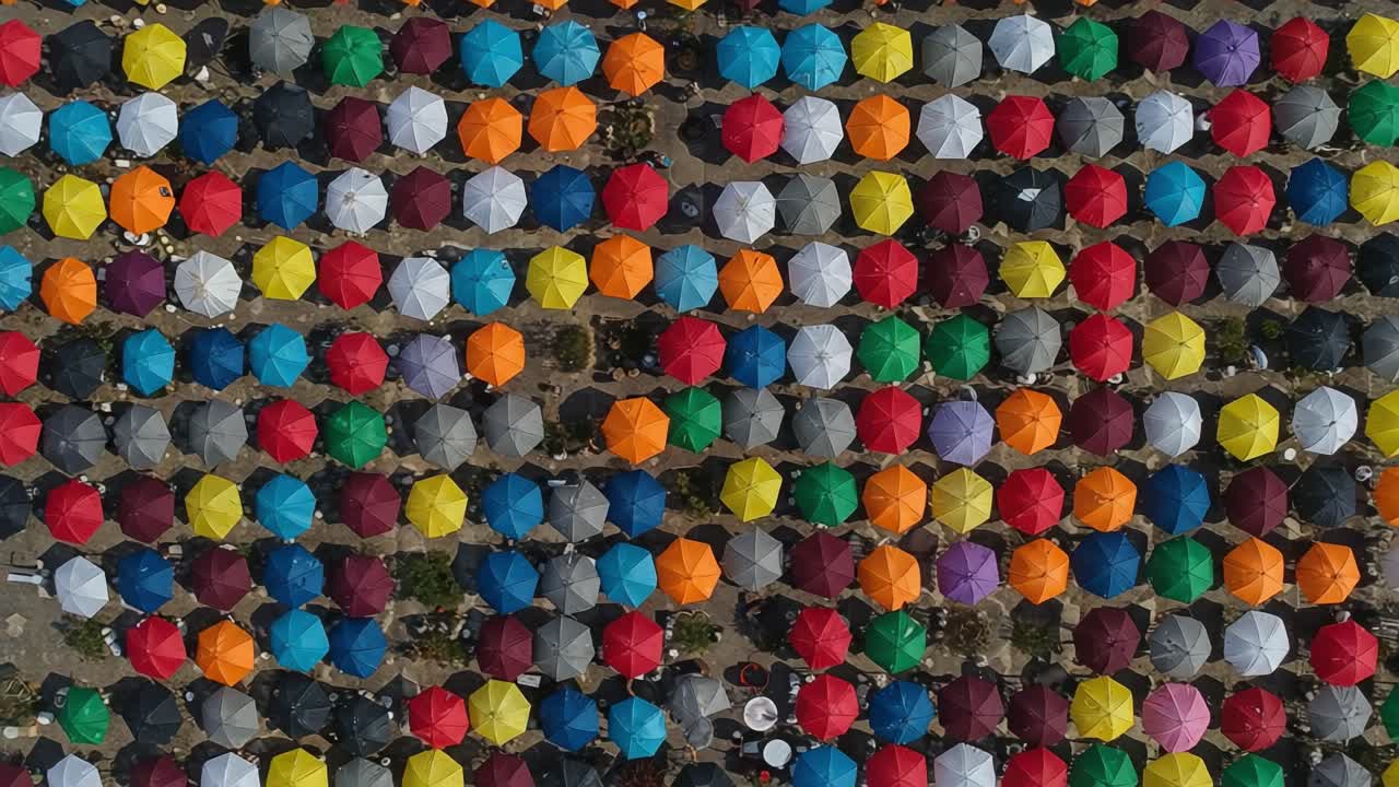 Aerial View of Colorful Umbrellas Creating a Vibrant Patchwork Across the Ground, Showcasing a Kaleidoscope of Colors and Textures in a Unique Pattern