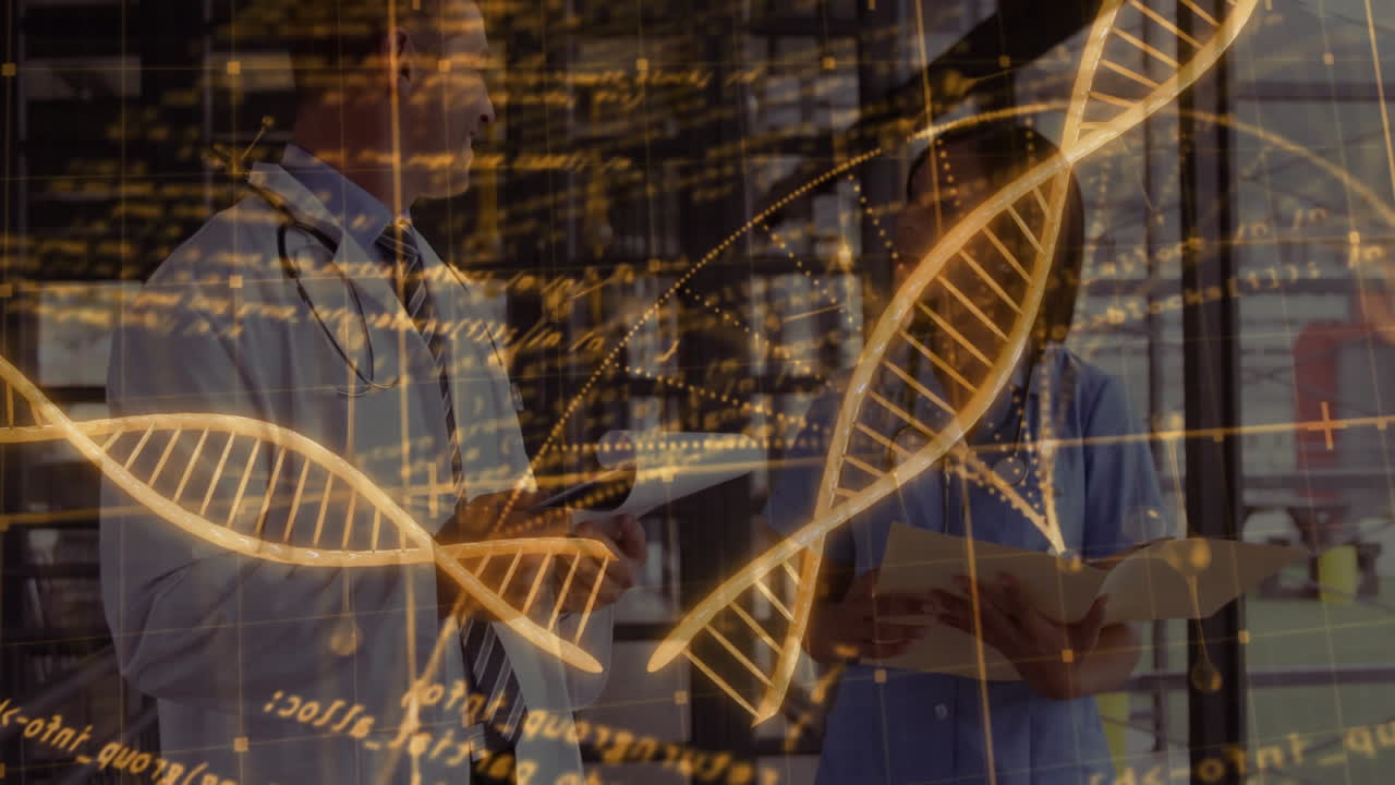Sundhedspersonale gennemgår patientdokumenter indendørs med animeret DNA-helix og datanet.