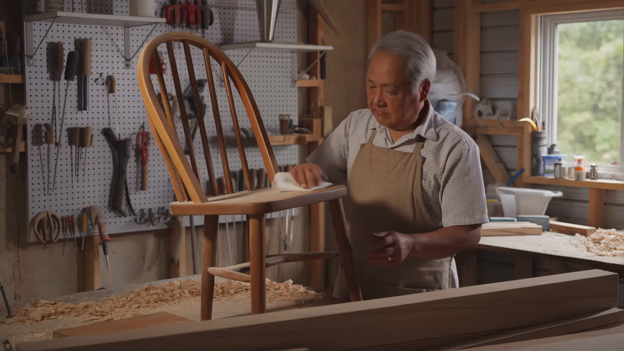 An Elderly Woodworker Polishing a Handcrafted Wooden Chair in His Workshop
