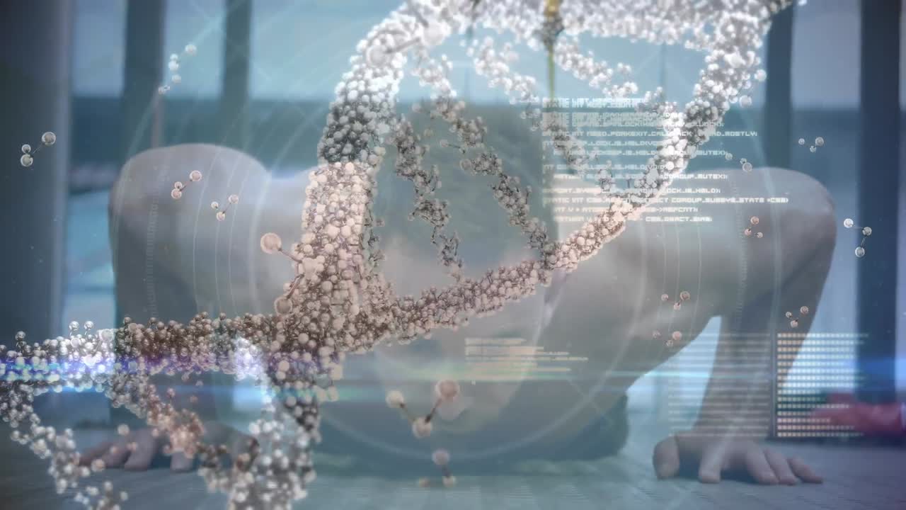 근육을 가진 남자가 운동하는 dna 가닥의 애니메이션
