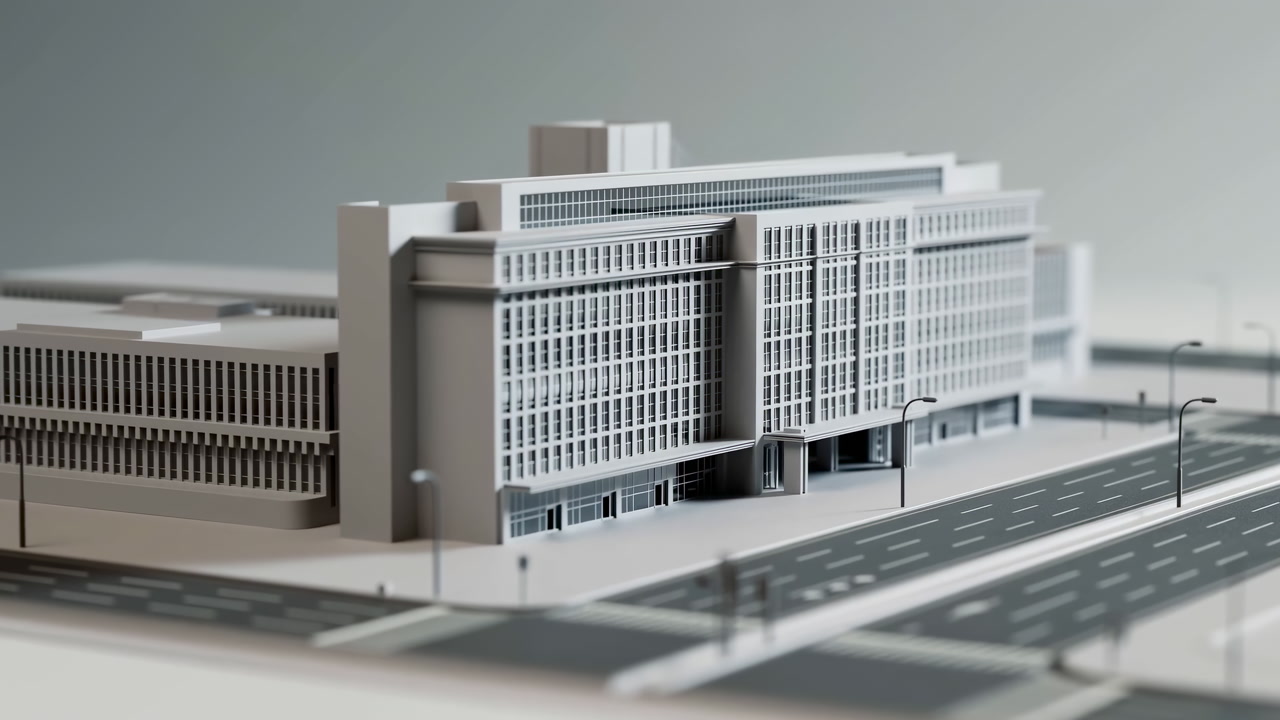 Scale Model Modern Office Building Facade, Detailed White Maquette On Tabletop With Empty Streetscape, Soft