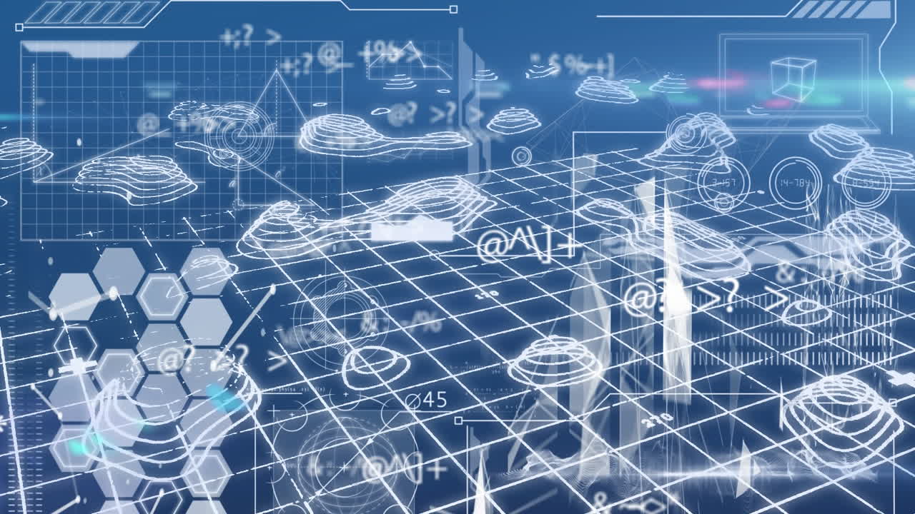 파란색 배경의 데이터 처리에 대한 여러 가지 변화하는 기호와 화학 물질 구조