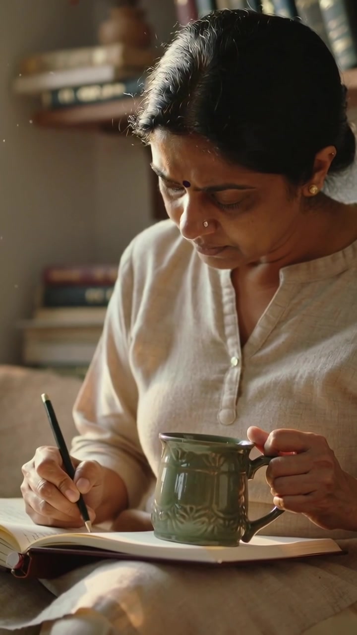 Video verticale: Donna in kurta che prende appunti su un quaderno con una penna, seduta su un divano in un angolo con una tazza verde.