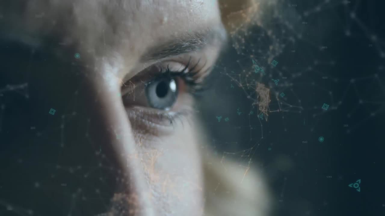 una mujer y modelos de moléculas con símbolos futuristas