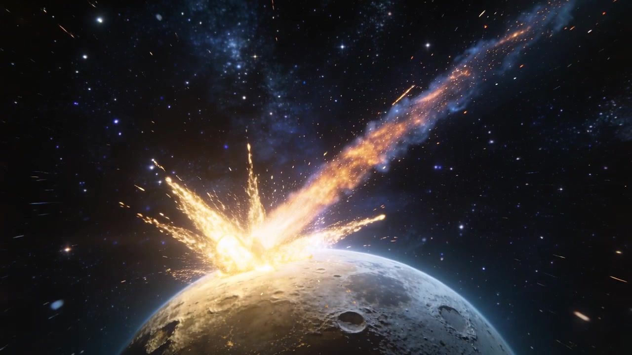 Bolide in avvicinamento che lascia una scia di plasma dall'alto a destra, colpendo il bordo lunare e provocando una brillante esplosione.