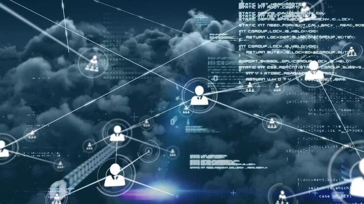 Animation of network of connections with icons and data processing over sky with clouds