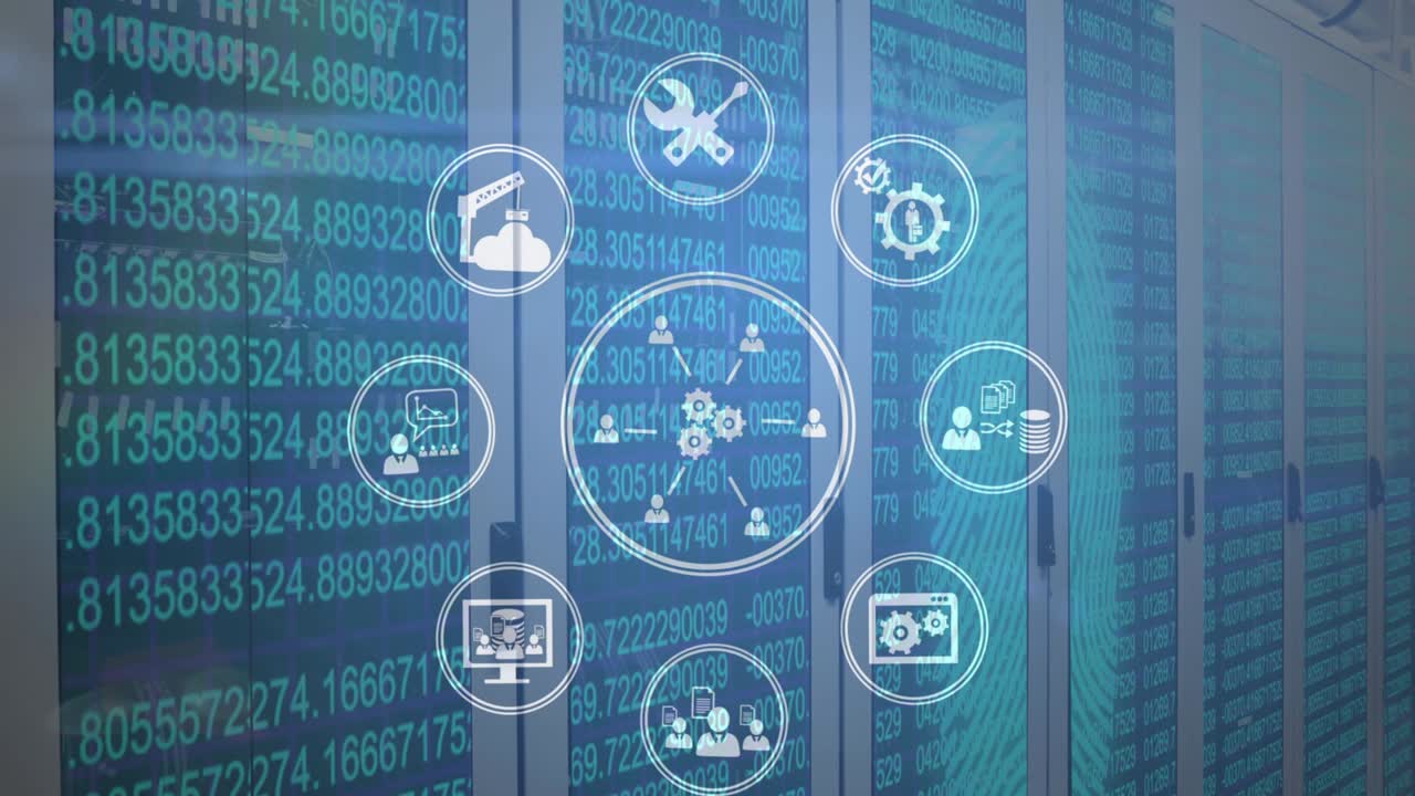 animación de múltiples círculos blancos con iconos sociales en ellos sobre la sala de pantallas