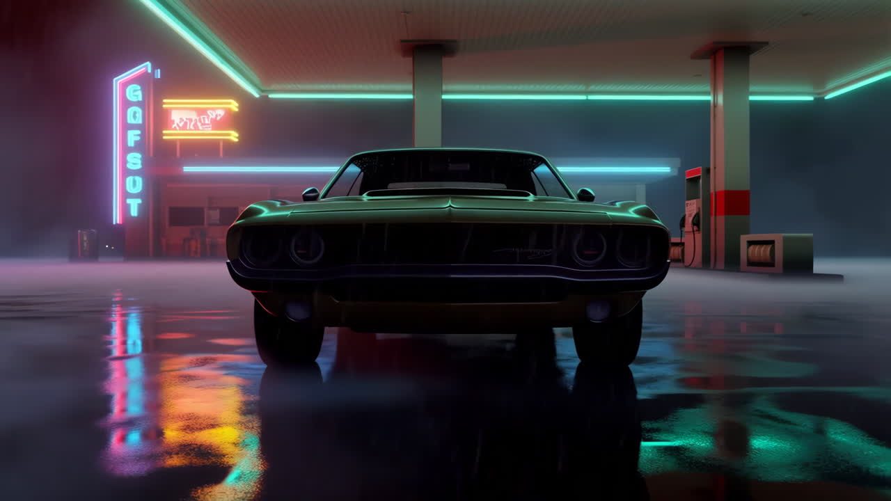 Classic Muscle Car at a Neon-Lit Gas Station at Night