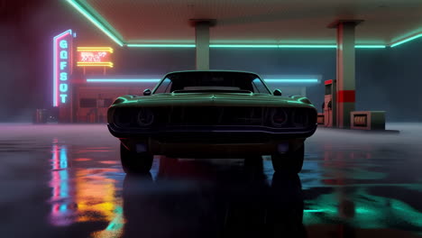 classic muscle car at a neon-lit gas station at night