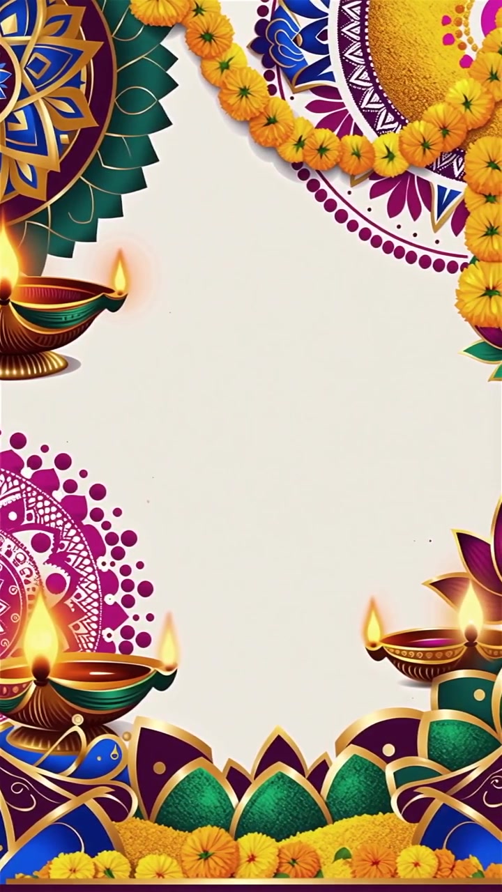 Sfondo Diwali con Diyas luminosi, Rangoli e fiori di loto