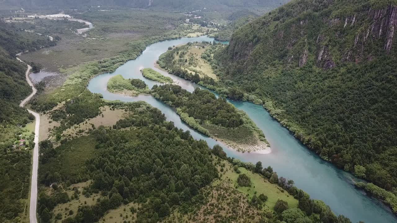 Scenic Futaleufu River Valley, Chile. Green Valley and Blue Water Picturesque Landscape