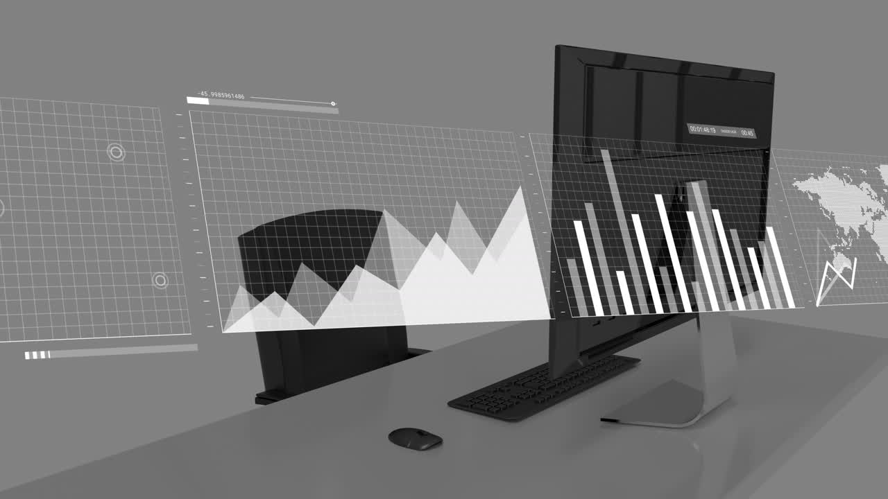 Animation of network of connections with icons over office desk with computer