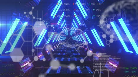 Animation-of-stock-market-and-medical-data-processing-against-glowing-tunnel-in-seamless-pattern