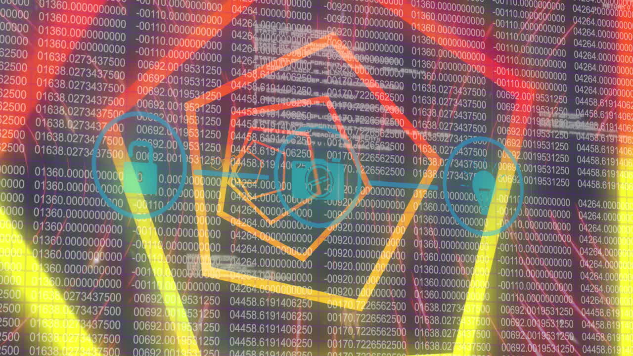 이진 코딩에 대한 원활한 패턴으로 터널을 통해 디지털 아이콘 네트워크의 애니메이션