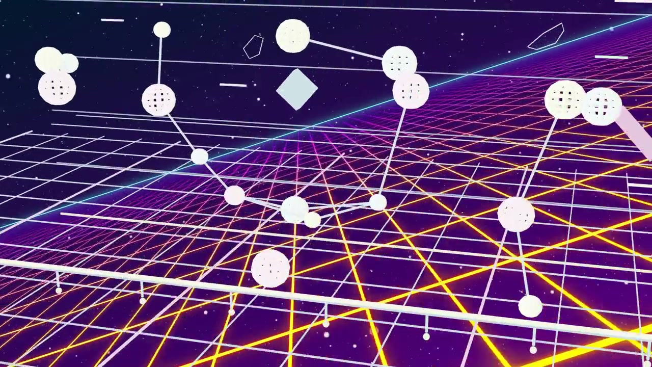 White node network spawning left of platform, rising and linking into U arc, showing network growth