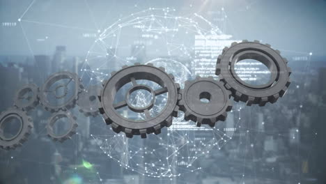 Globe spinning with data and connection network with cogs rotating