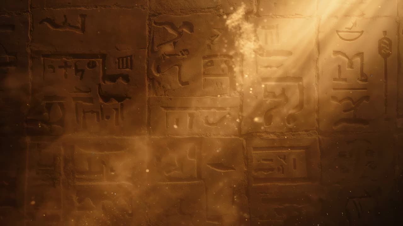 Sweeping beam rising from top-right crossing carved stone wall in chamber showing glyphs and dust