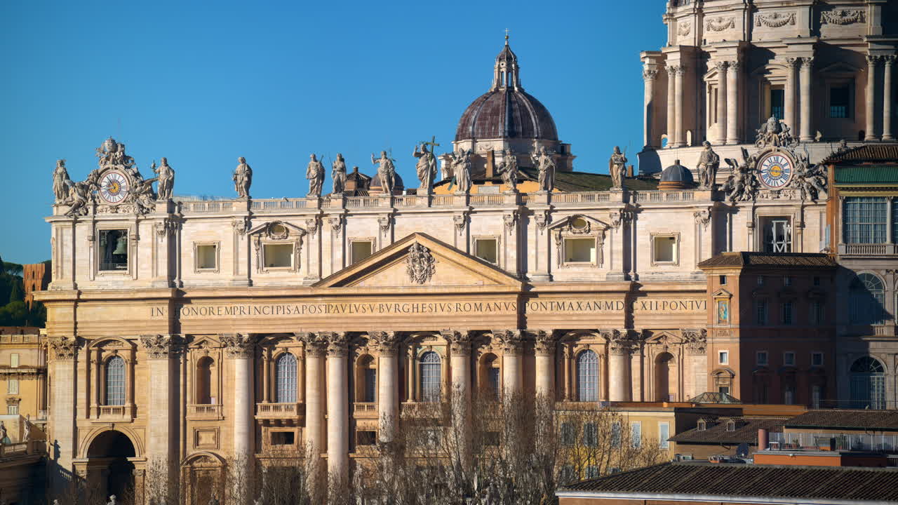 Aerial view of Vatican city from the distance. Saint Peter's Basilica at sunset. Rome, Italy