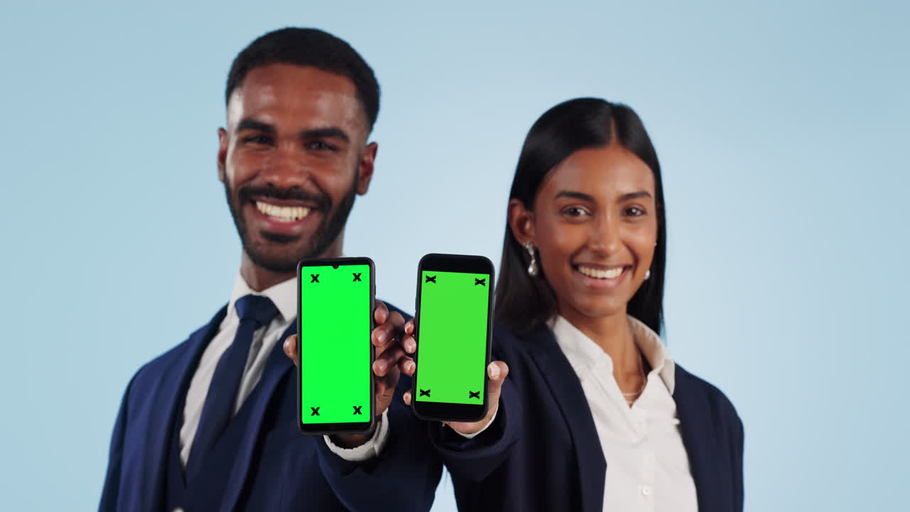 Business people, show and phone with green screen