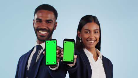 Business-people,-show-and-phone-with-green-screen