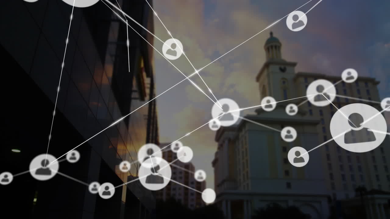 Network of connected user icons animation over cityscape with tall buildings
