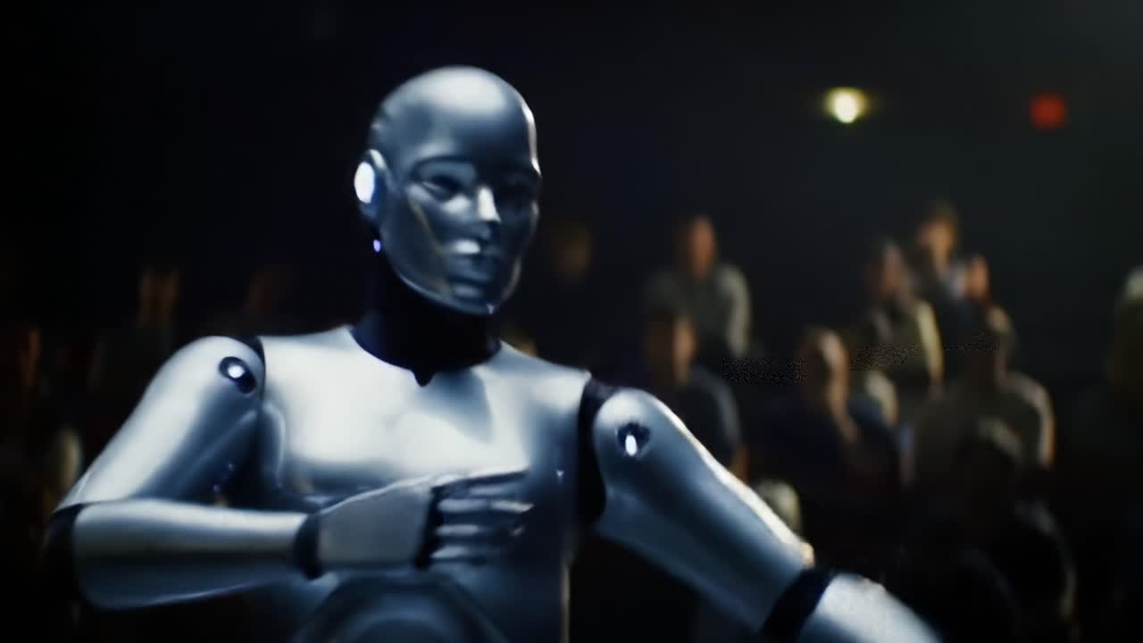 A Futuristic Robotic Performer Captivating an Enthralled Audience with Fluid Movements and Advanced Technology in a Dynamic Show Setting