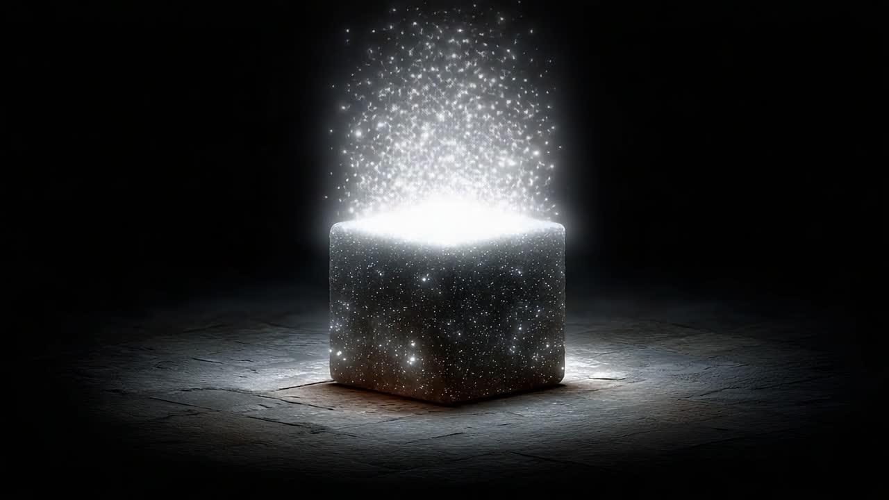 A Mystical Cube Levitating in the Darkness, Emitting a Sparkling Stream of Light Particles, Creating a Magical and Enigmatic Atmosphere in the Scene