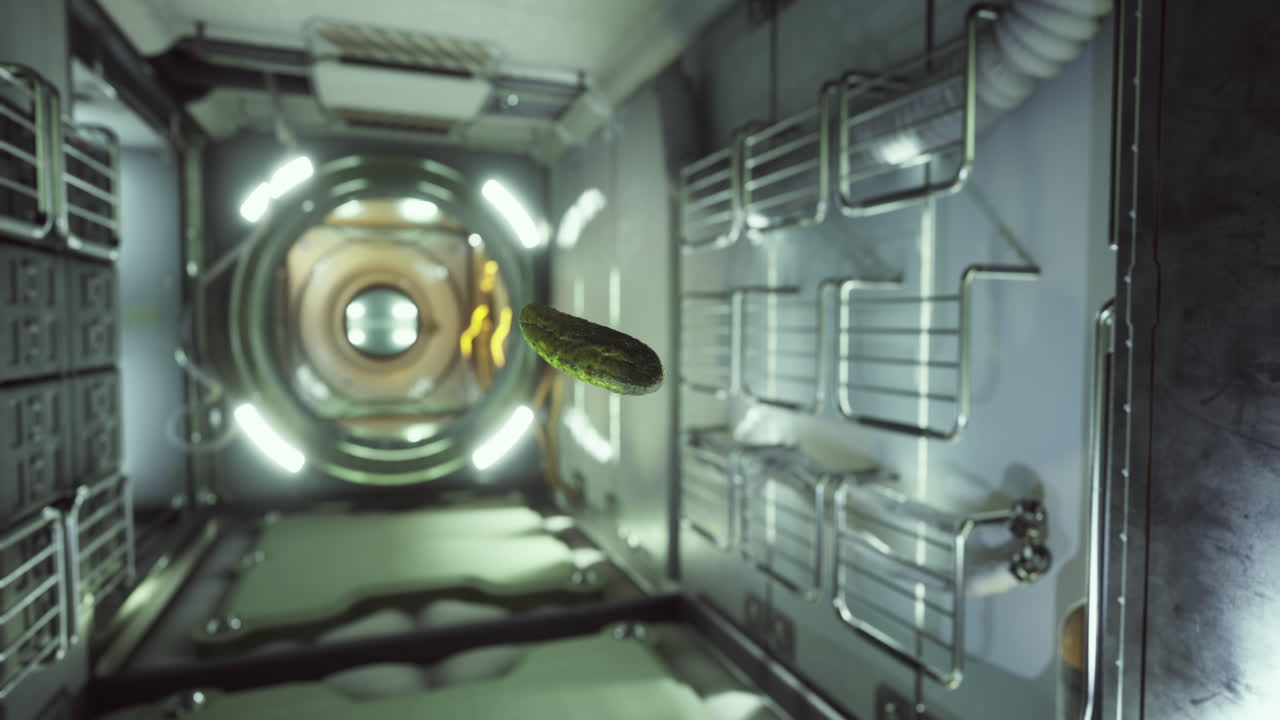 Floating pickled cucumber experiences zero gravity on space station