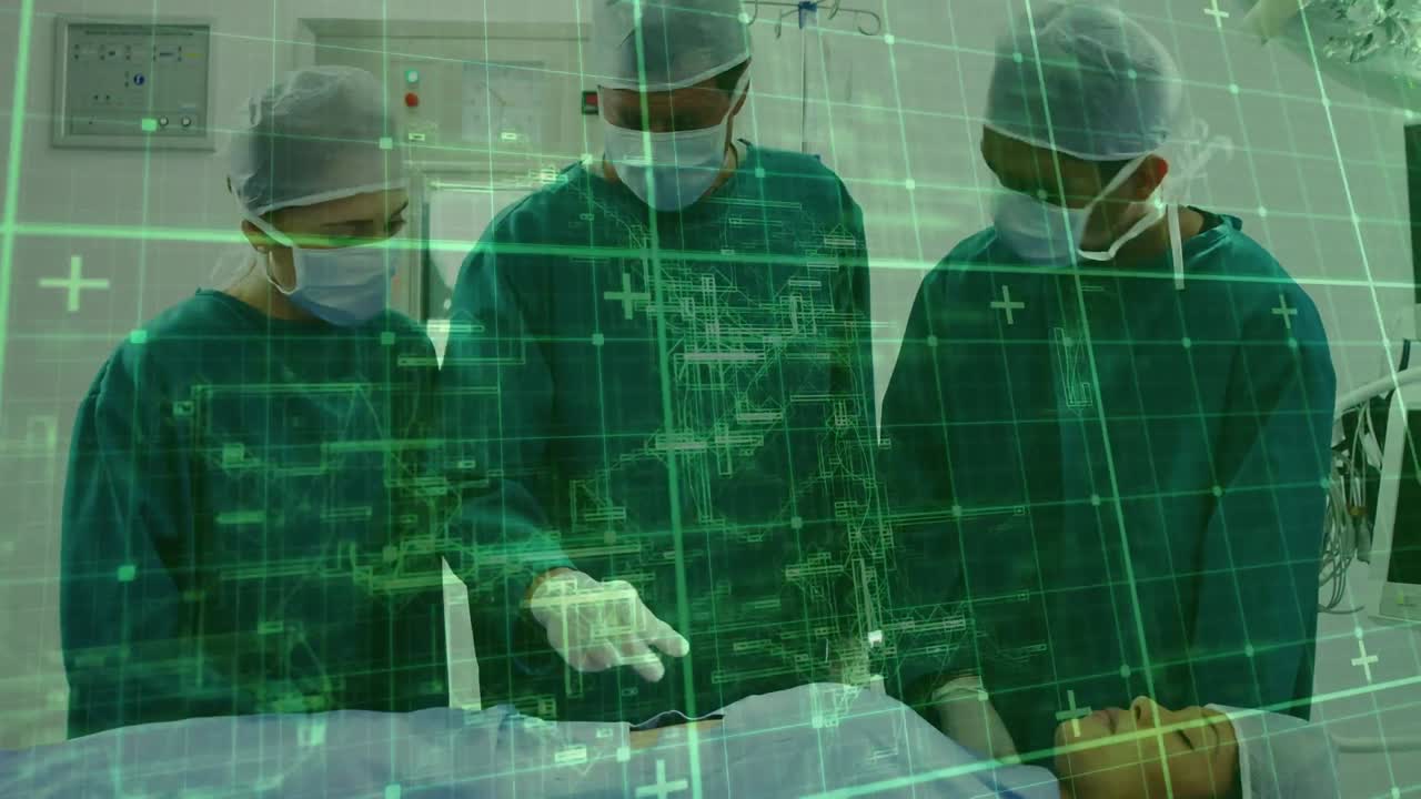 animación de pantalla digital sobre diversos cirujanos y pacientes en la sala de operaciones