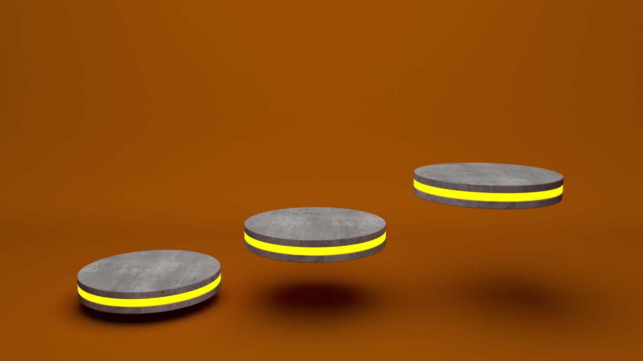 Marble product stand futuristic or podium pedestal on empty display growing flashing light with orange backdrops. 3D rendering. seamless loop.