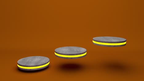 marble product stand futuristic or podium pedestal on empty display growing flashing light with orange backdrops. 3d rendering. seamless loop.