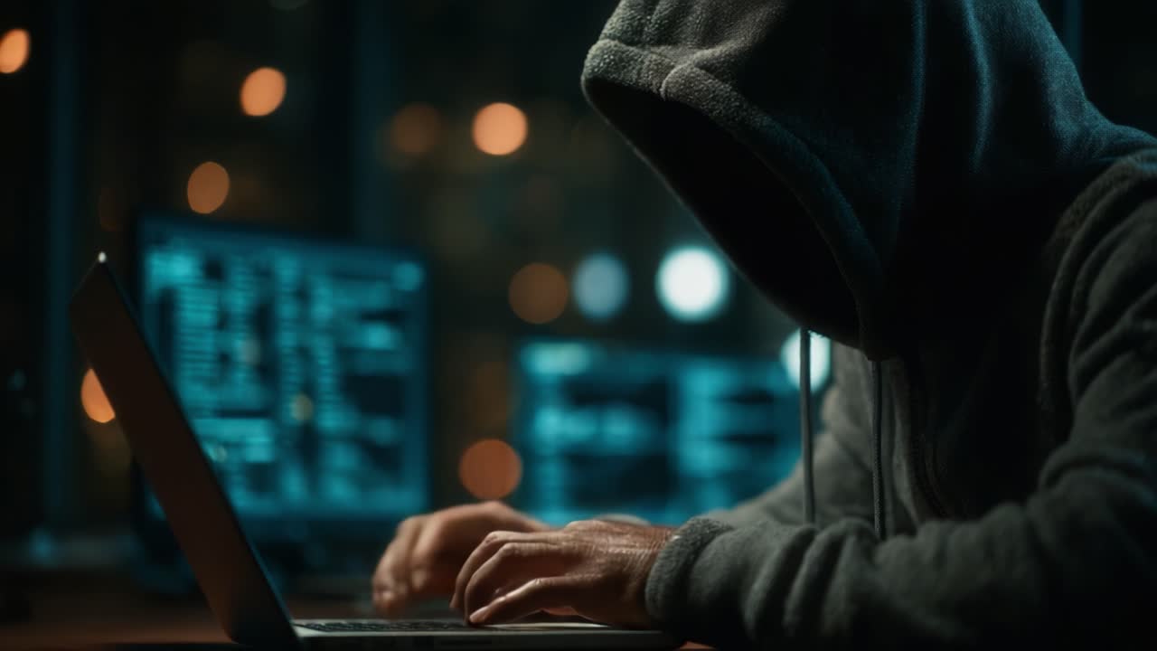 A Mysterious Figure in a Hoodie Engaged in Cyber Activity, Surrounded by Glowing Monitors and Dynamic Data Streams in a Darkened Environment