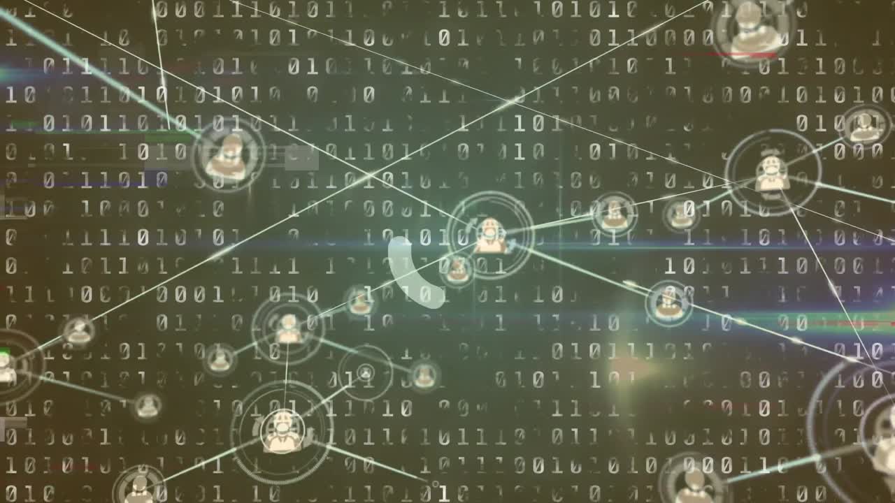 Animation of profile icons connecting with lines and loading circle over binary codes
