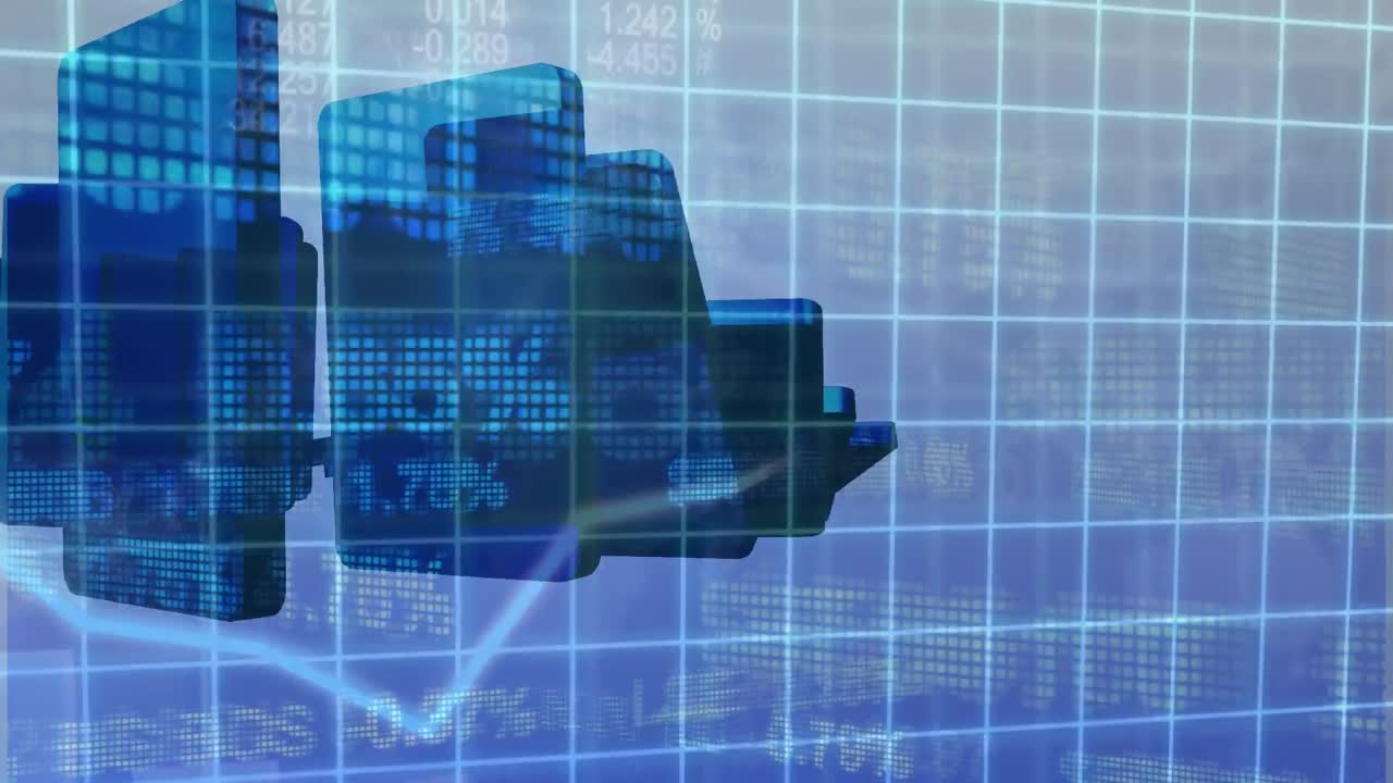 Dominos fall animation with a digital data chart on the foreground