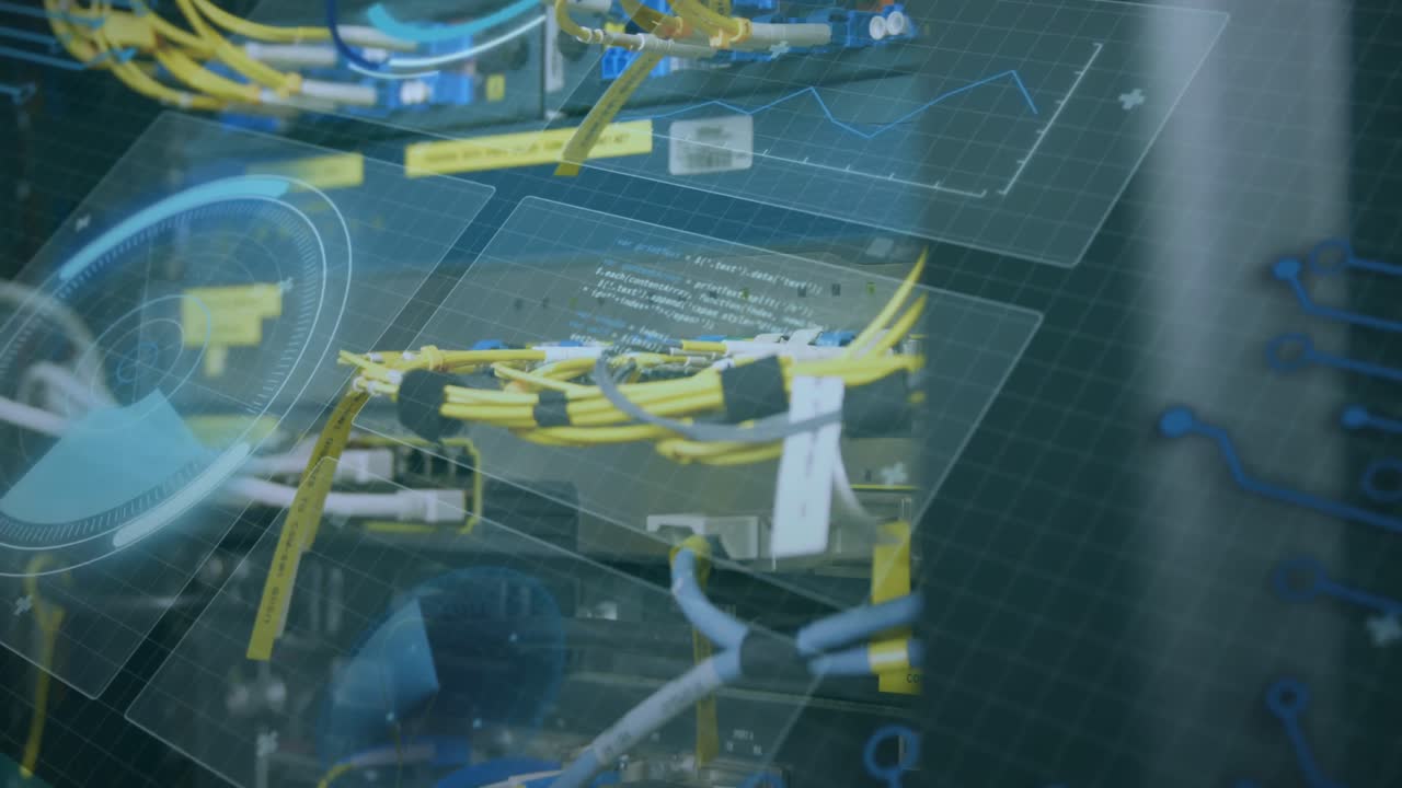 animazione dell'interfaccia digitale e elaborazione dei dati sulla sala server