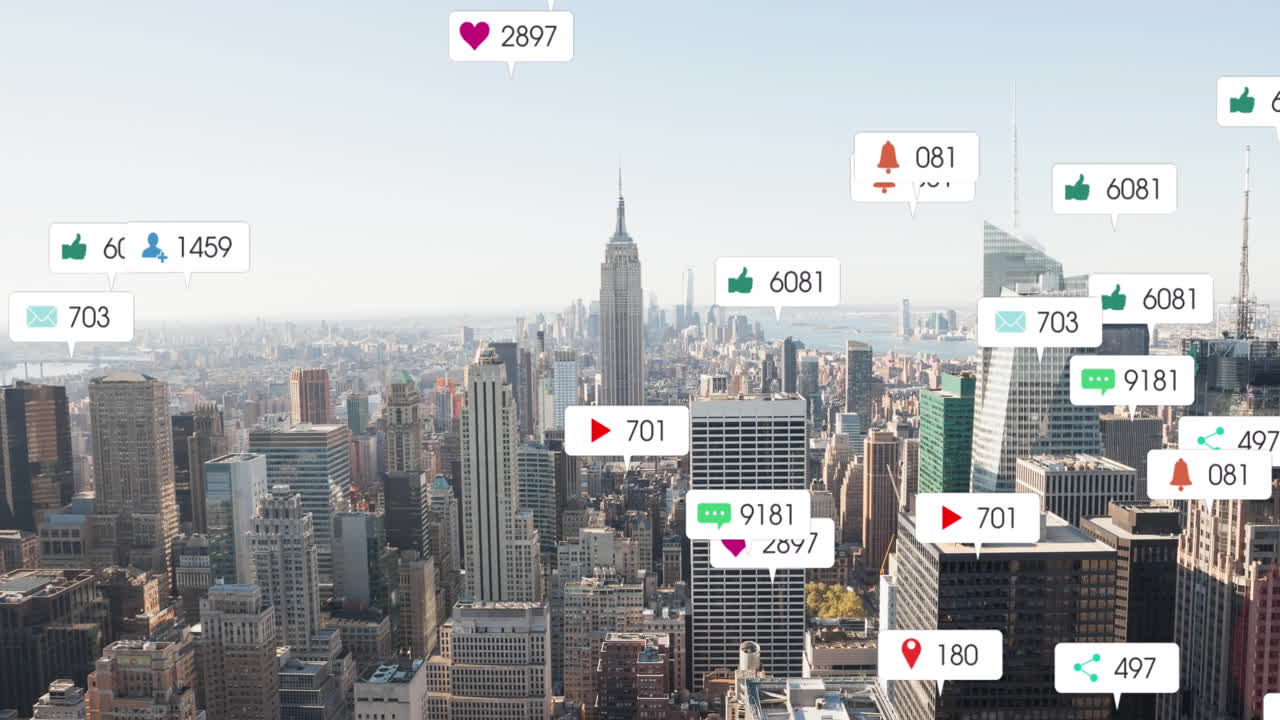animación de números cambiantes, iconos en barras de notificación sobre vista aérea del paisaje urbano moderno