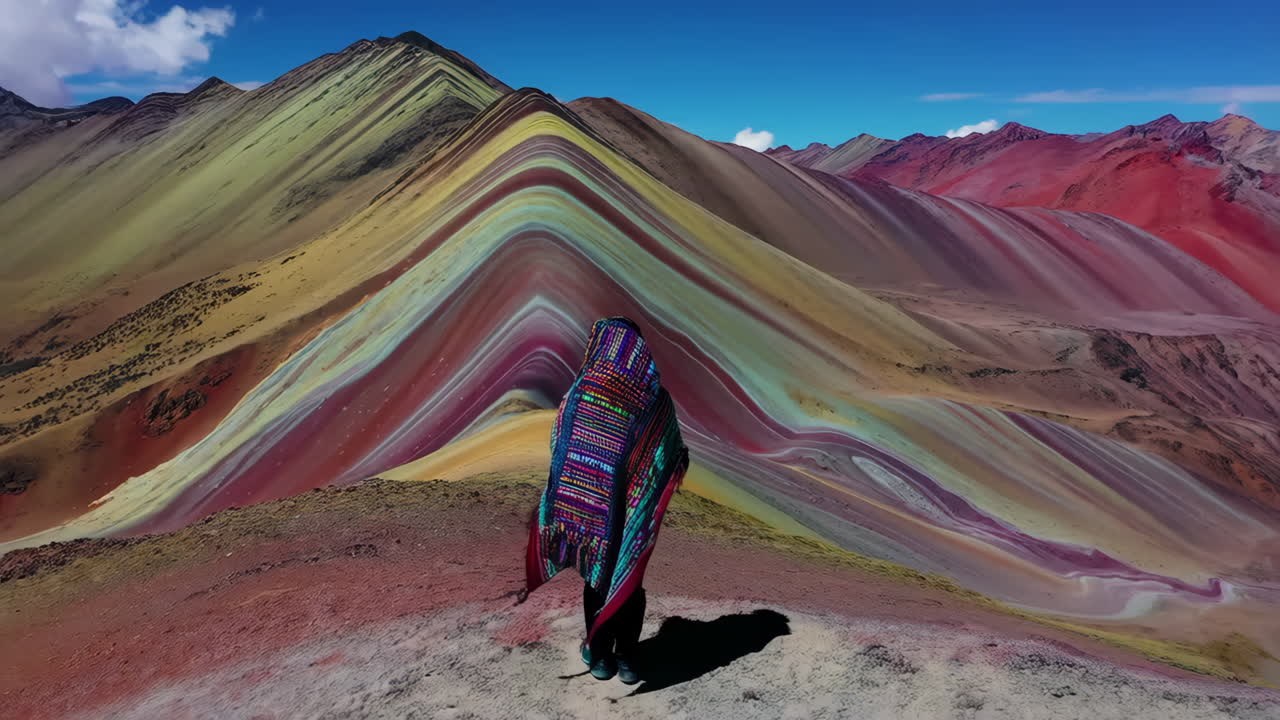A person admiring the vibrant Rainbow Mountain (Vinicunca) in the Peruvian Andes
