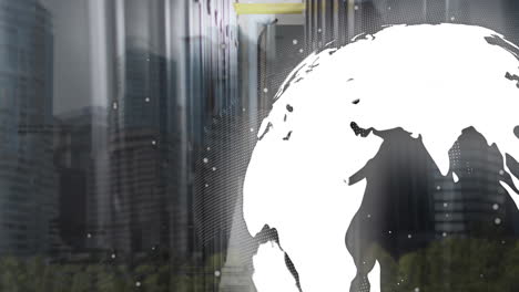 animation eines sich drehenden globus und datenverarbeitung über dem serverraum vor blick auf hohe gebäude